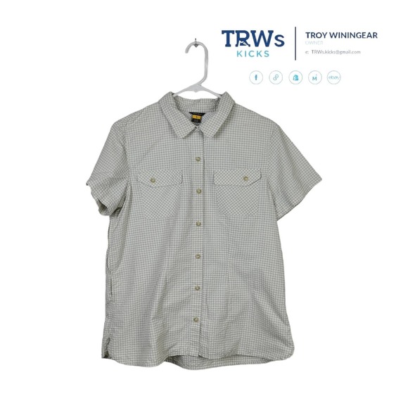 Eddie Bauer Button-Up Shirt Grey White Windowpane Short Sleeve Collar Pocket L - Picture 1 of 5